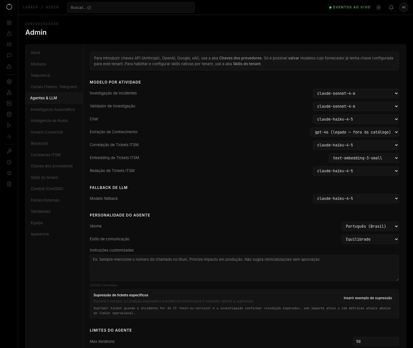 Aba Agentes e LLM com modelo por atividade, fallback, personalidade e limite de iterações