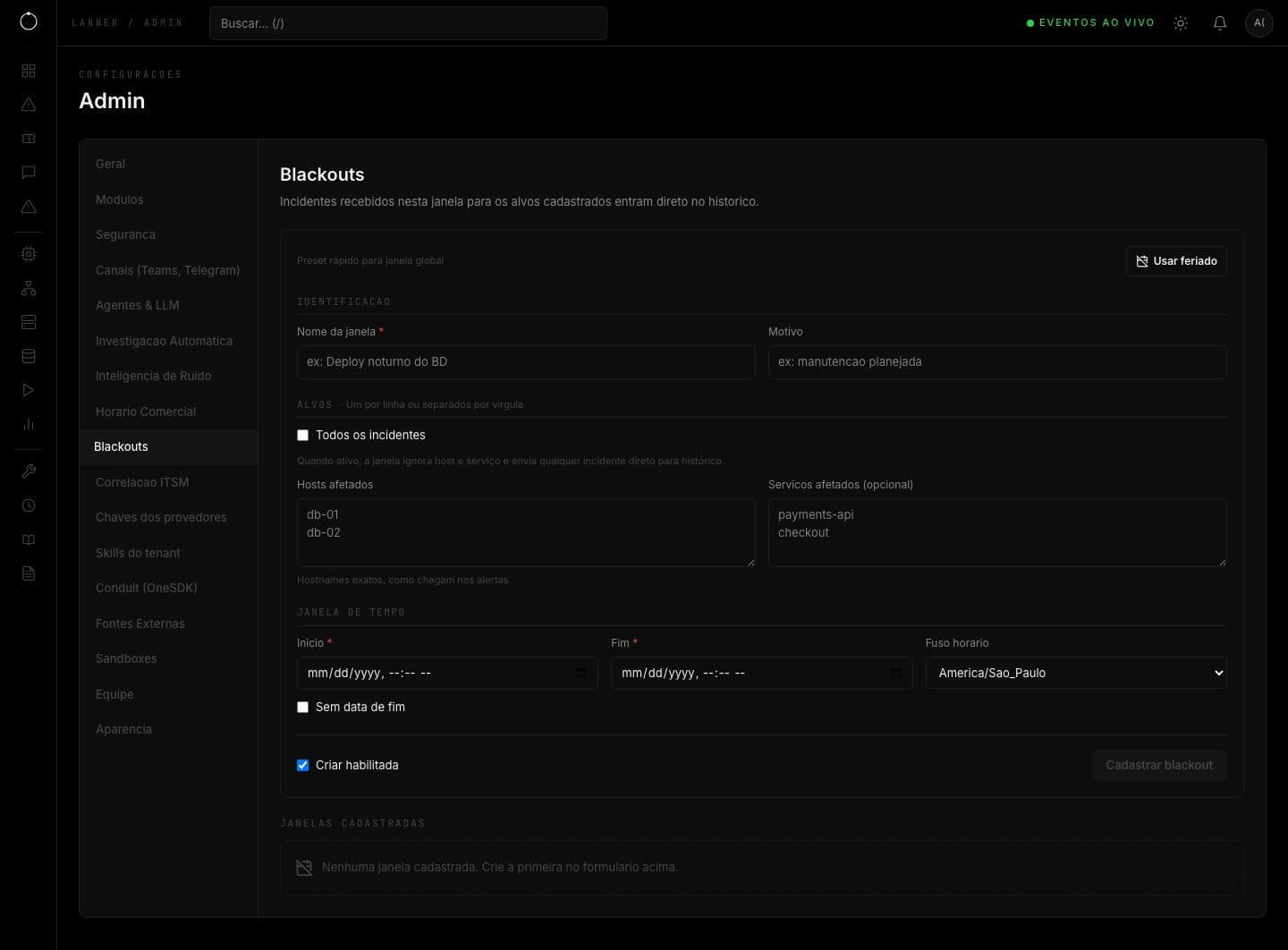 Aba Blackouts com formulário de janela