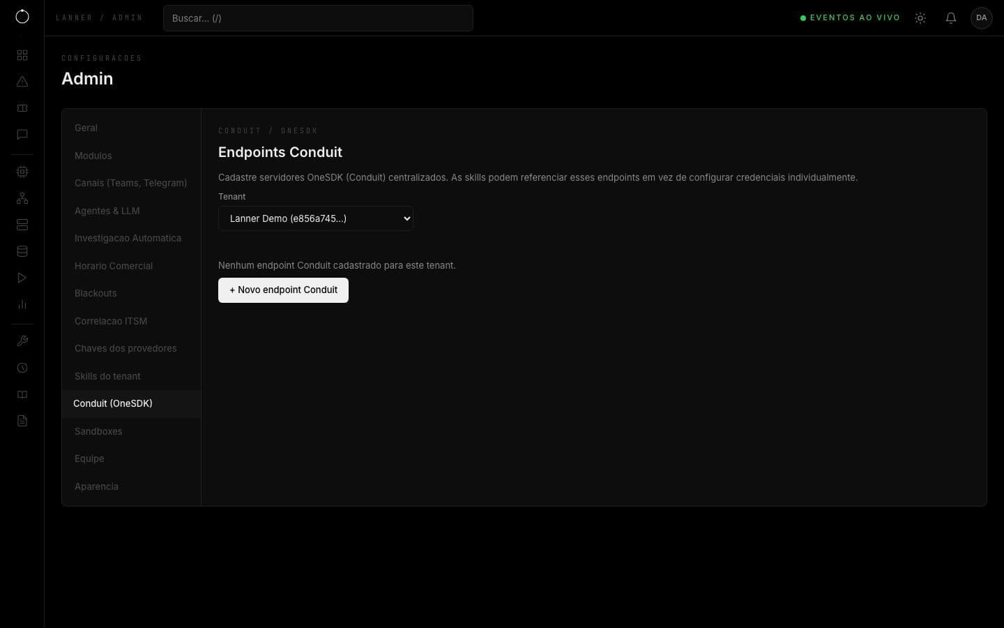 Endpoints Conduit com seletor de tenant e botão Novo endpoint
