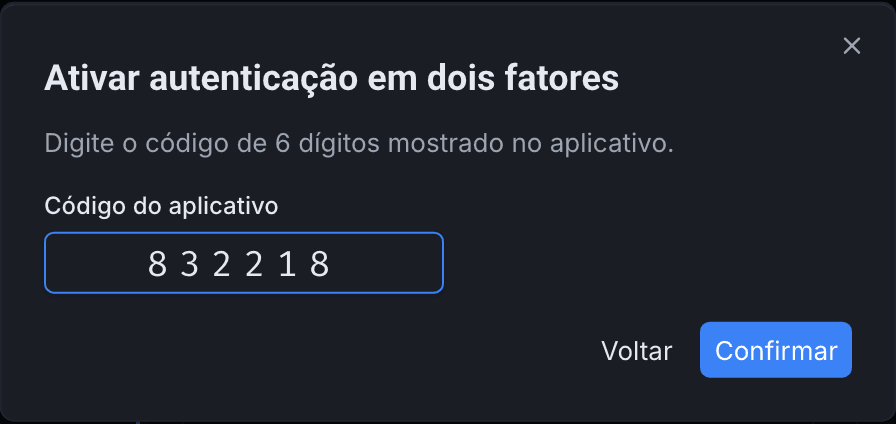 Confirmação com o código do aplicativo