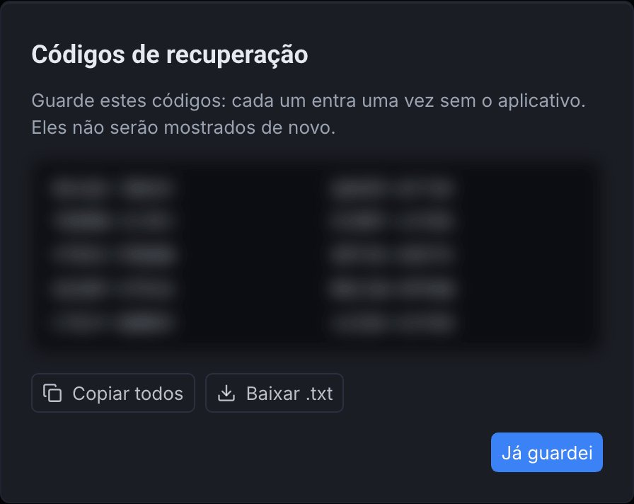 Códigos de recuperação