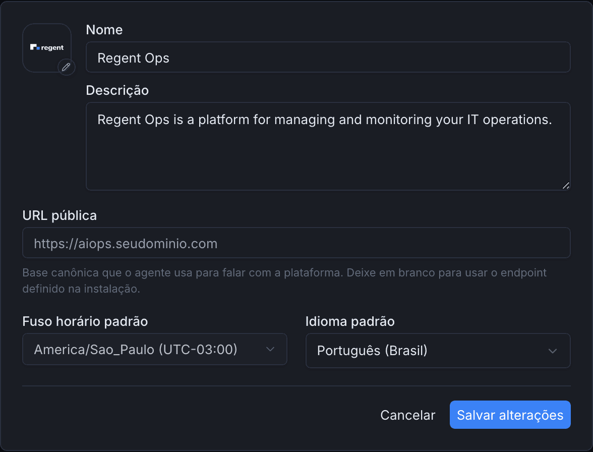 Fuso horário e idioma padrão da organização