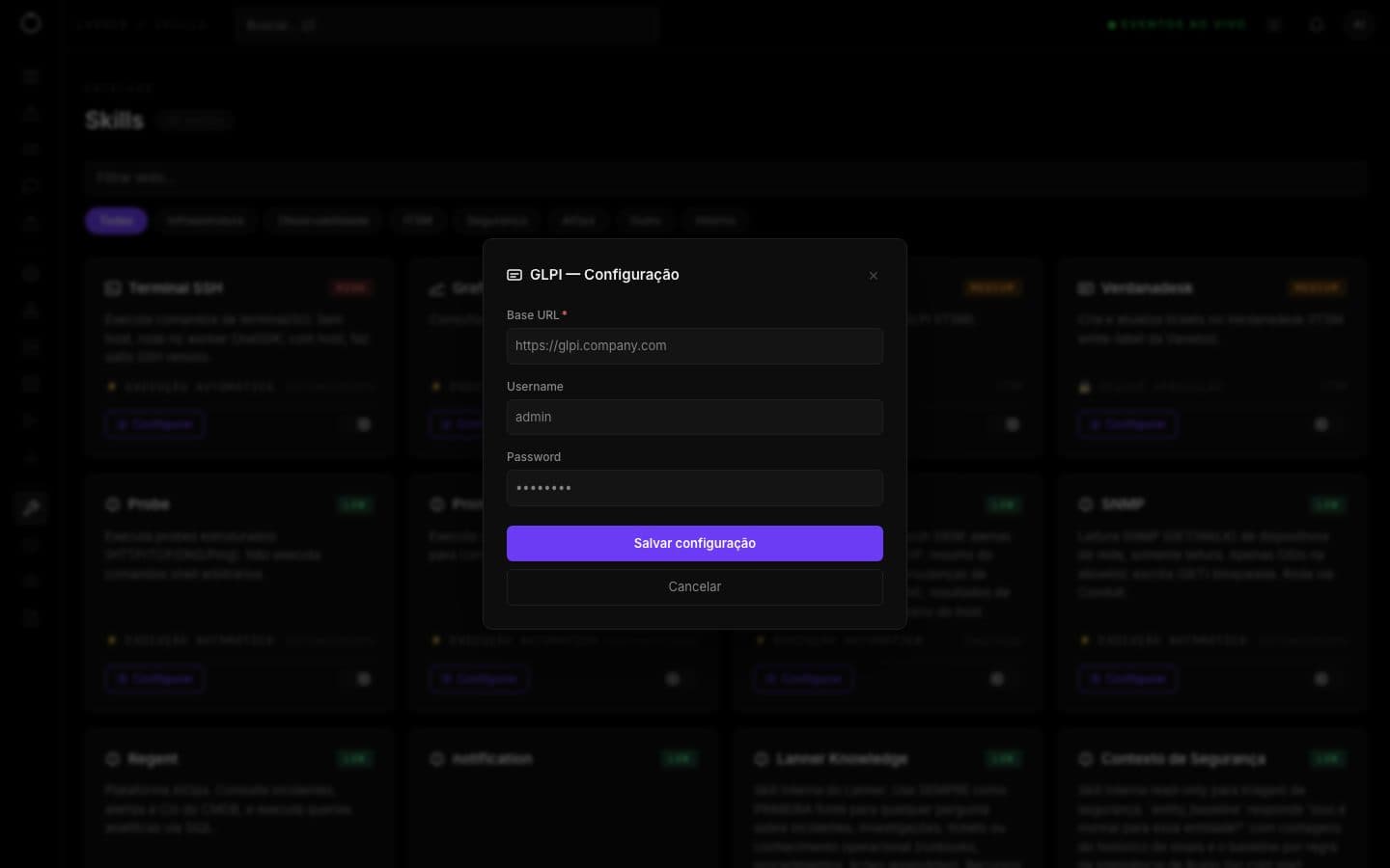 Diálogo de configuração do GLPI com URL, usuário e senha