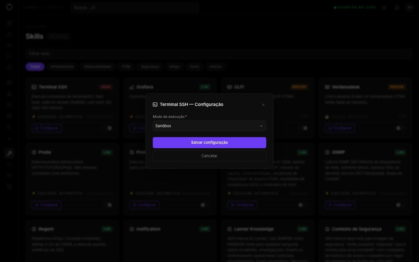 Diálogo de configuração do Terminal SSH com modo de execução