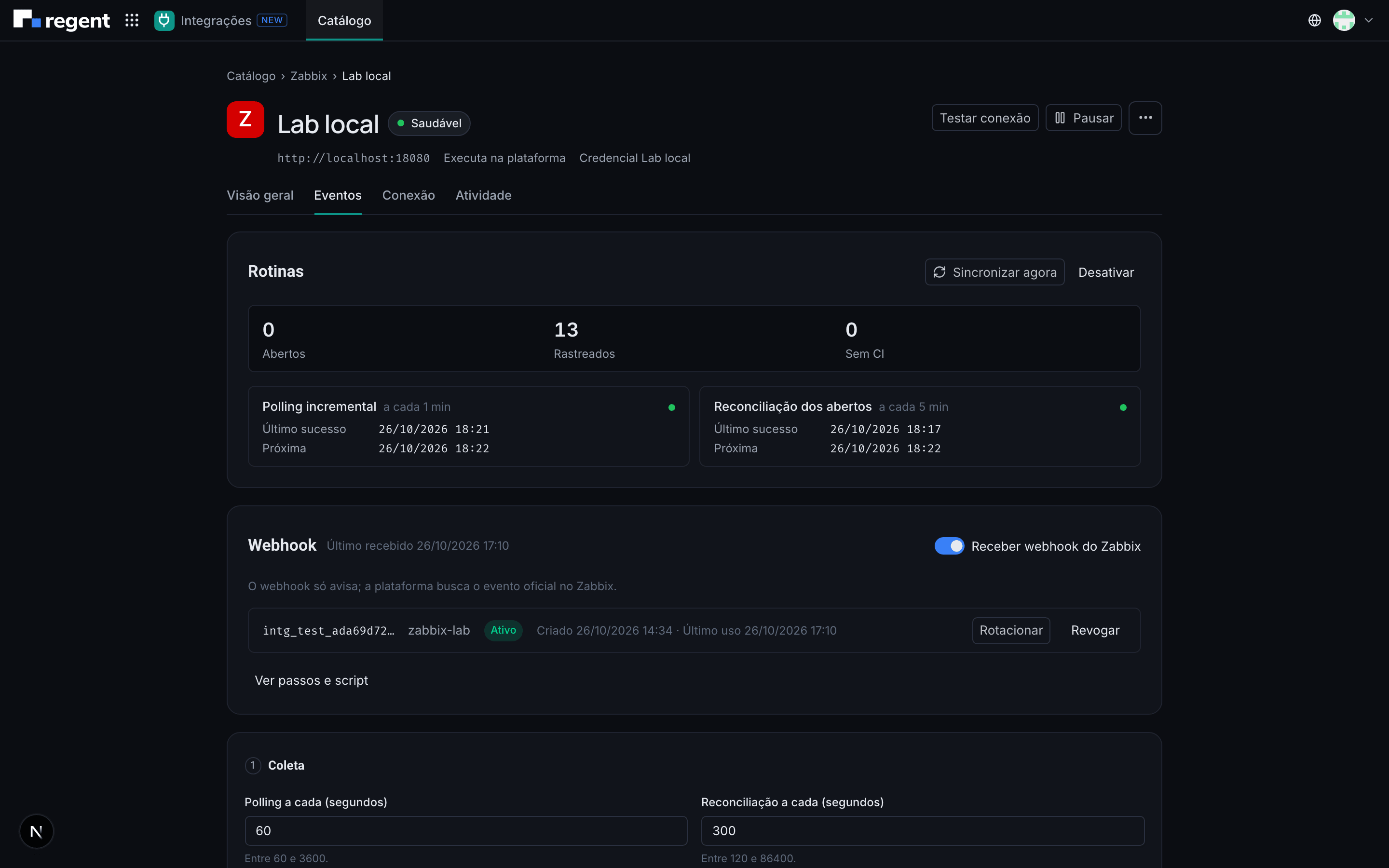 Aba Eventos da instância do Zabbix