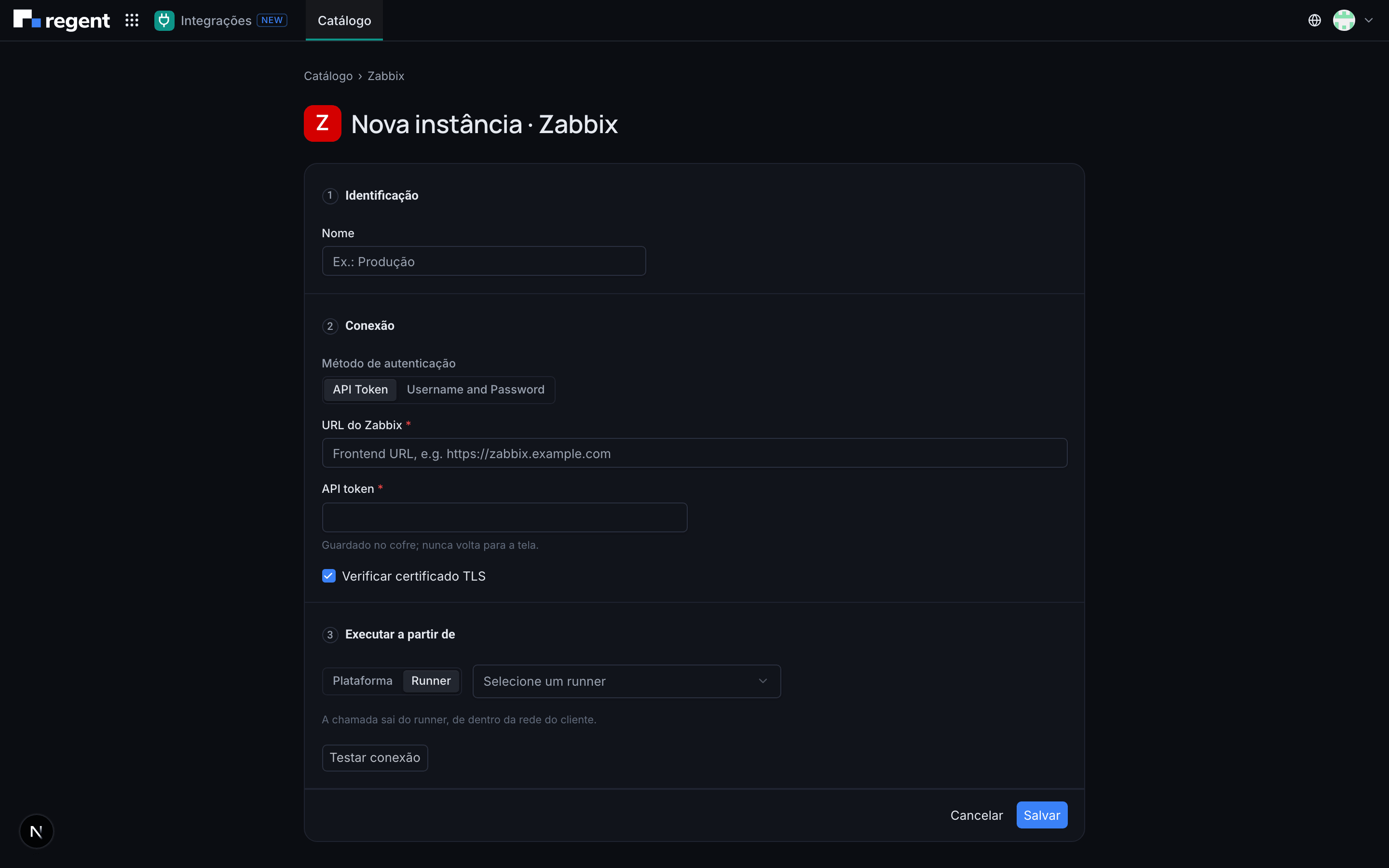 Formulário de nova instância do Zabbix