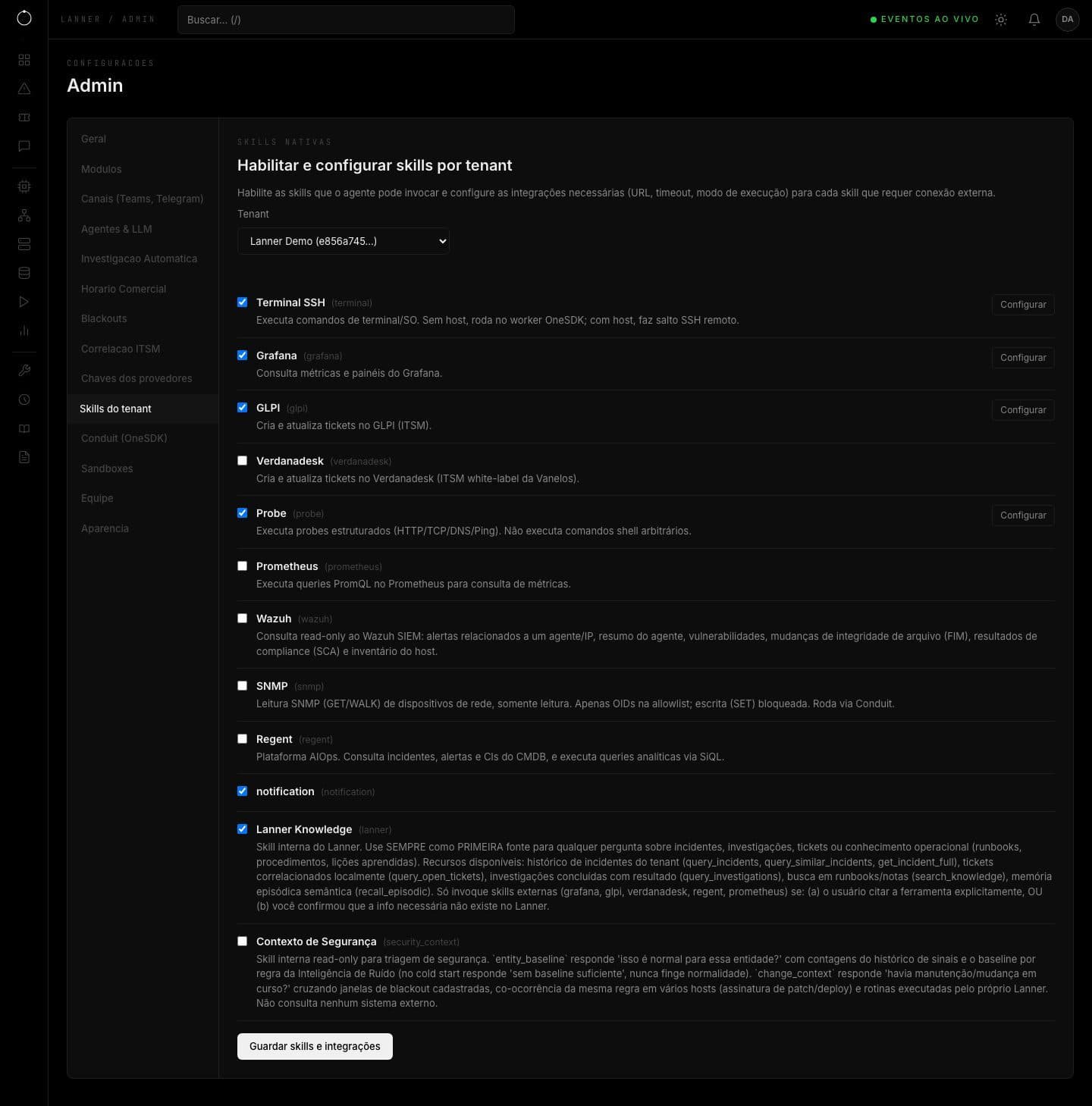 Lista de skills do tenant com caixas de habilitação e botões Configurar