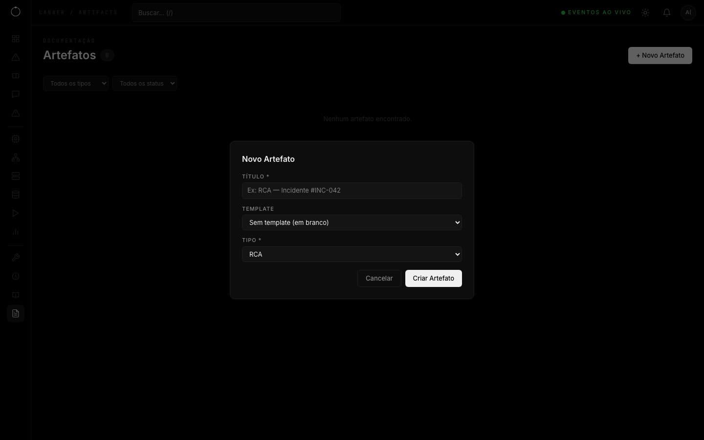 Diálogo Novo Artefato com título, template e tipo