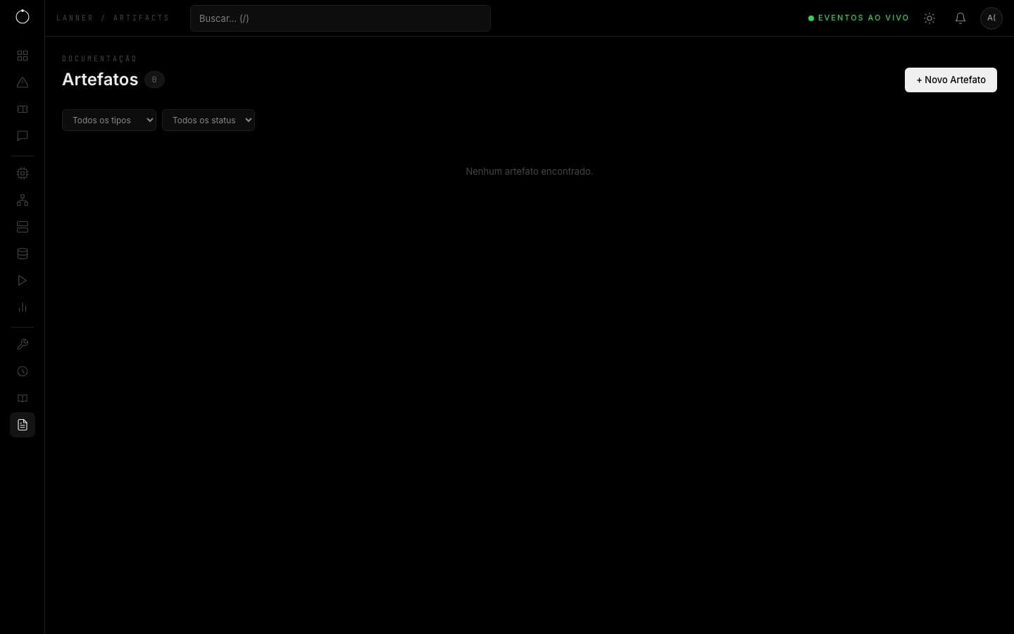 Lista de artefatos com filtros de tipo e status