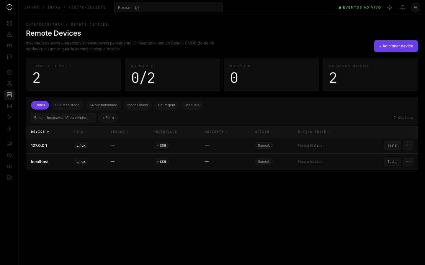 Lista de remote devices com filtros e indicadores